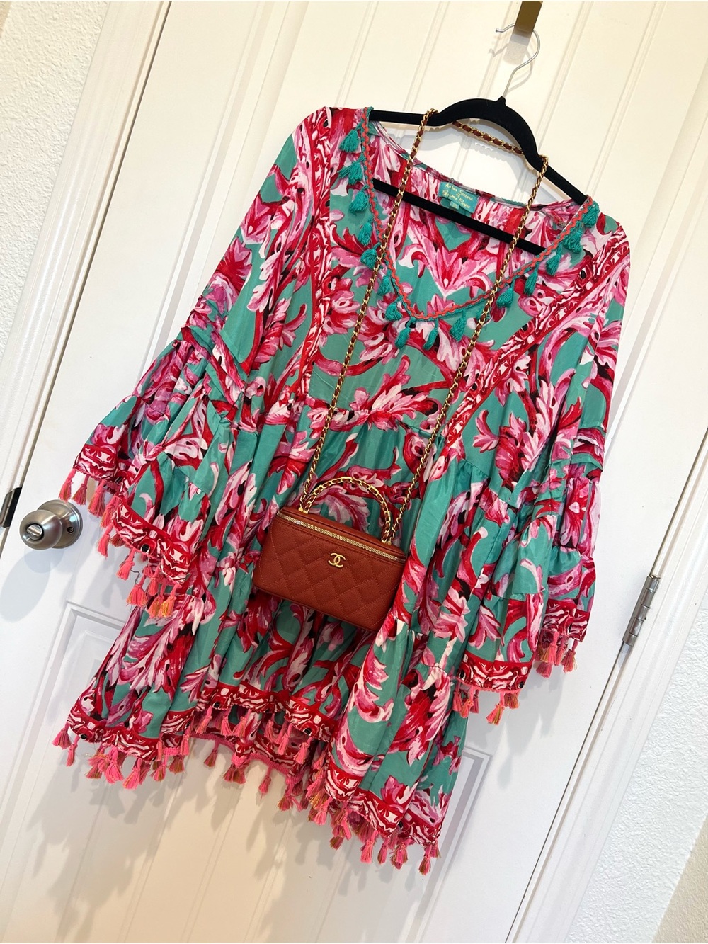 Antica Sartoria Tassel-Trim Floral Boho Dress in Teal & Pink